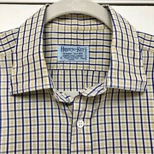 Hilditch & Key Shirt Button Up Down Long Sleeve Casual Plaid Blue Yellow 16 41cm